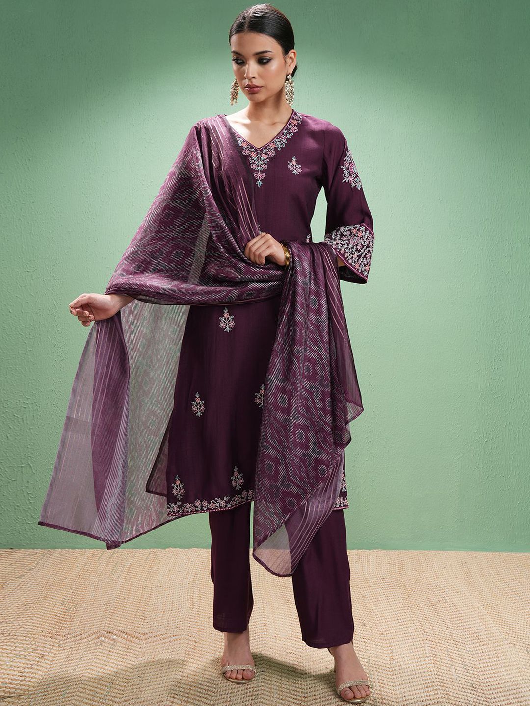 Vishudh Women Ethnic Motifs Embroidered Regular Thread Work Kurta with Trousers & With Dupatta