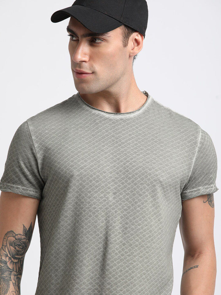 THE BEAR HOUSE Slim Fit Geometric Printed Raw Edge Pure Cotton T-shirt