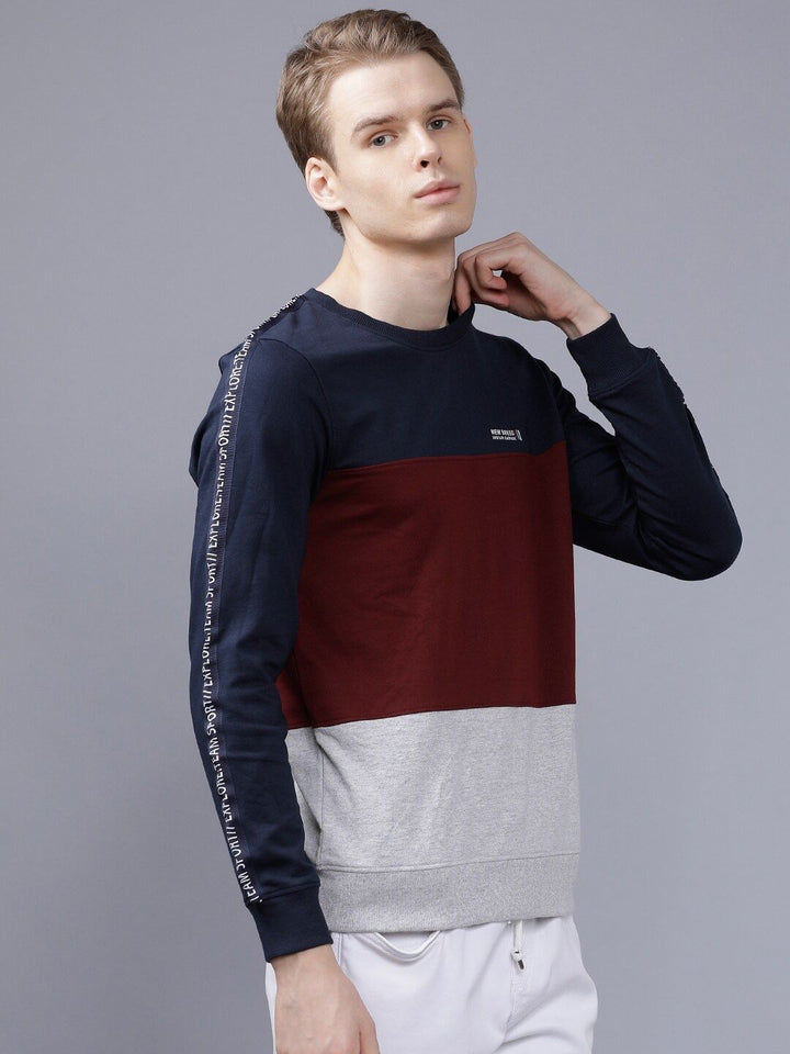 The Indian Garage Co Men Navy Blue & Maroon Colourblocked Hooded Sweatshirt