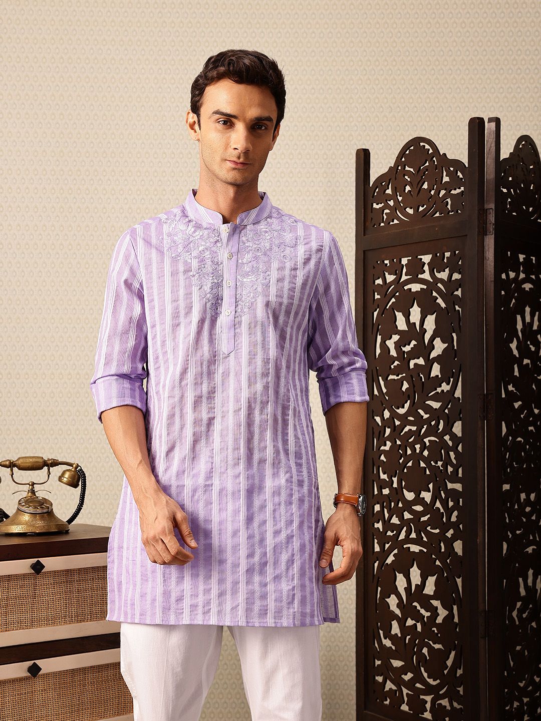 House of Pataudi Striped Mandarin Collar Thread Work Jashn Kurta