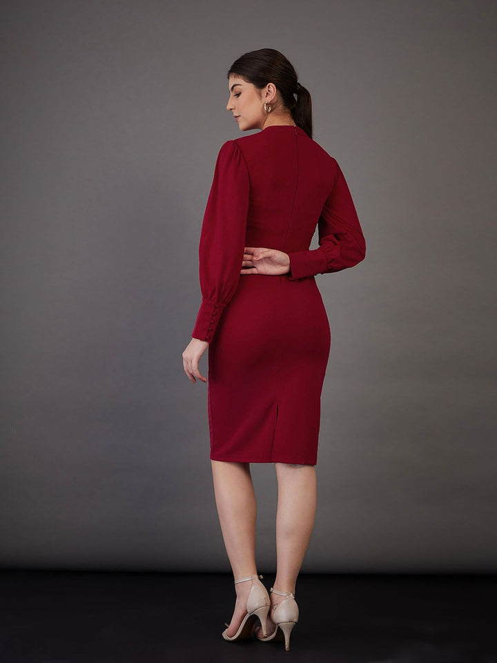 SASSAFRAS worklyf High Neck Puff Sleeves Formal Sheath Dress