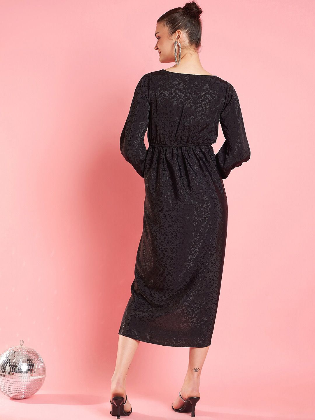Antheaa Black Self Designed Wrap Midi Dress
