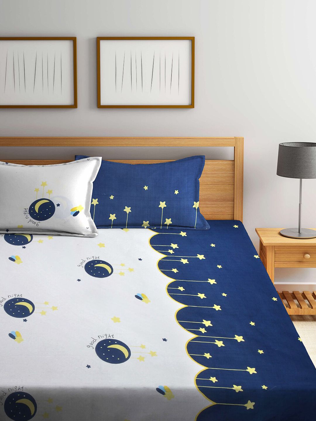 KLOTTHE Kids Blue & White Printed 300 TC Double King Bedsheet With 2 Pillow Covers