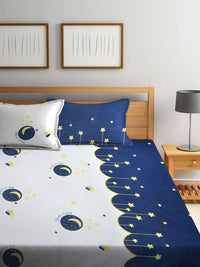 KLOTTHE Kids Blue & White Printed 300 TC Double King Bedsheet With 2 Pillow Covers