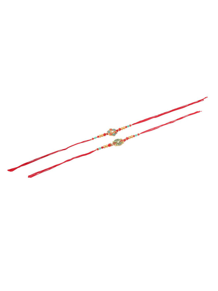 NVR Unisex Set of 2 Artificial Stones & Beads Thread Rakhi With Roli Chawal Chandan Mishri