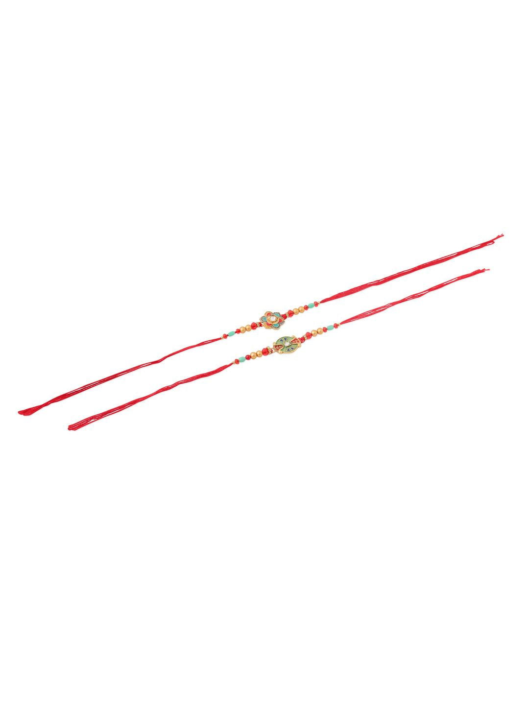 NVR Unisex Set of 2 Artificial Stones & Beads Thread Rakhi With Roli Chawal Chandan Mishri