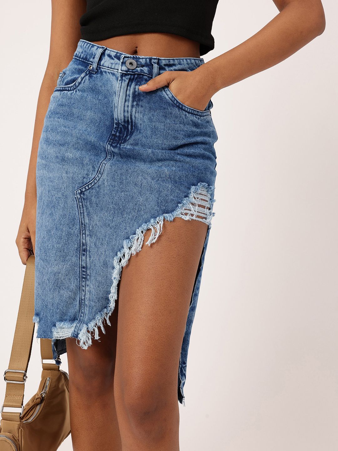 DressBerry Women Urban Edge High Rise Ripped Denim Faded Asymmetric A-Line Skirt
