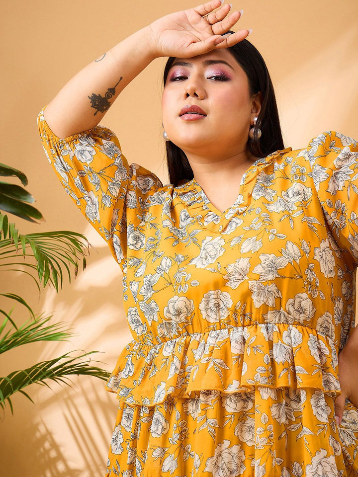 SASSAFRAS Curve Plus Size Floral Printed V-Neck Puff Sleeves Ruffle Georgette A-Line Dress