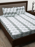 Story@home White & Olive Green Geometric Cotton 186 TC Queen Bedsheet With 2 Pillow Covers