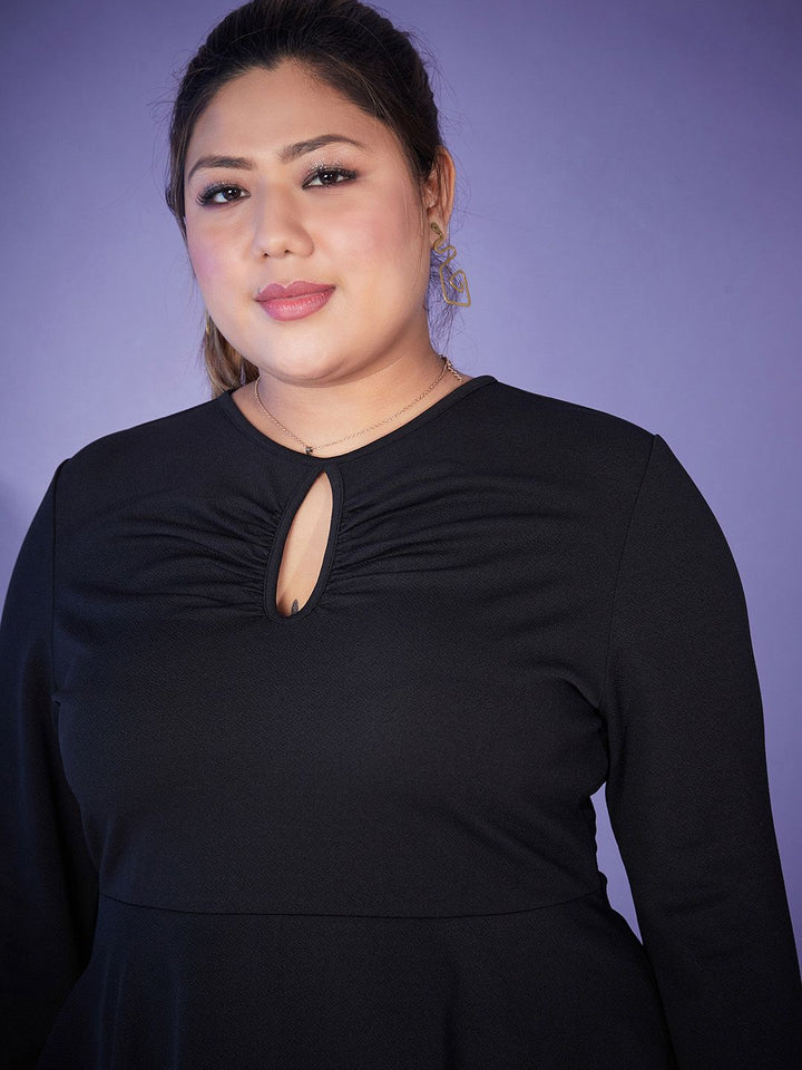 SASSAFRAS Curve Black Plus Size Key-Hole Peplum Top With Trousers Pant Co-Ords Set
