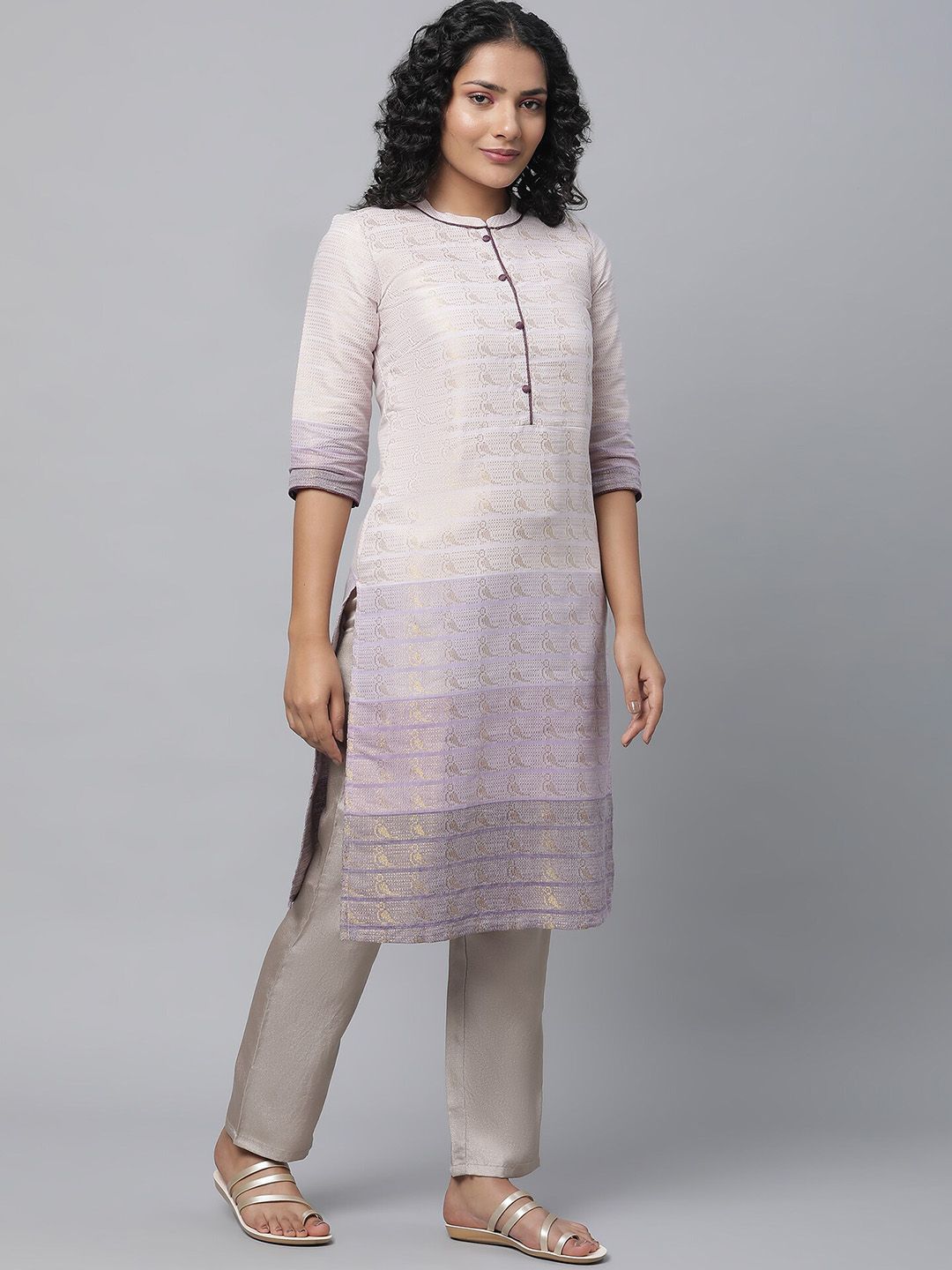 AURELIA Band Collar Woven Design Zari Kurta