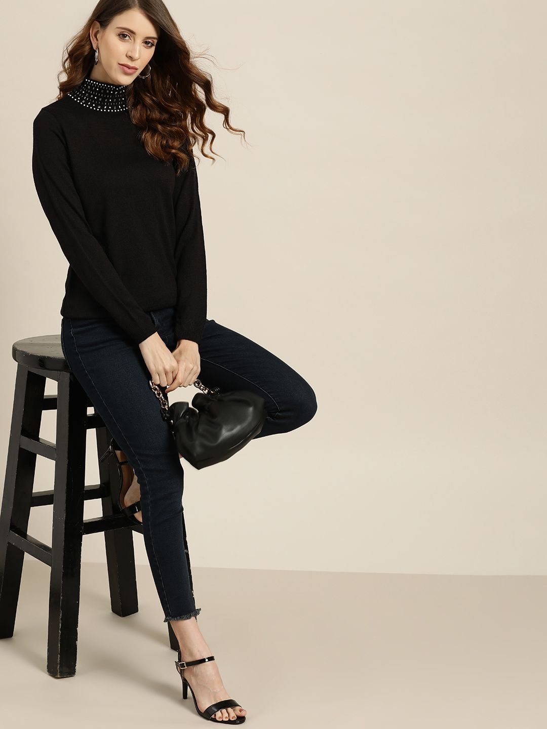 all about you Women Black Solid Turtle Embellished Neck Pullover