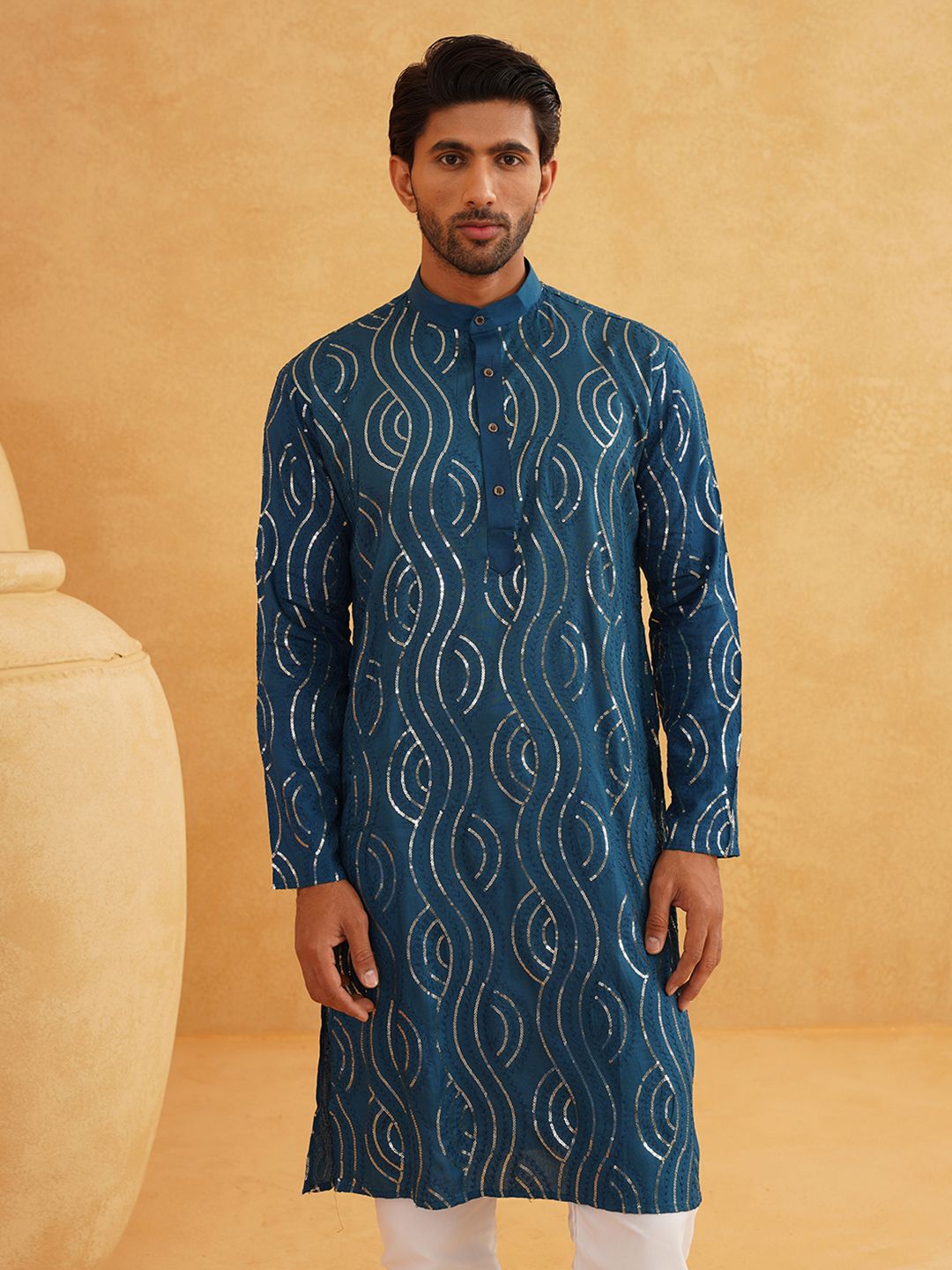SOJANYA Men Teal Regular Pure Cotton Kurta with Churidar