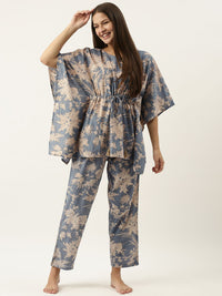 SANSKRUTIHOMES Women Blue & Beige Printed Cotton Night suit