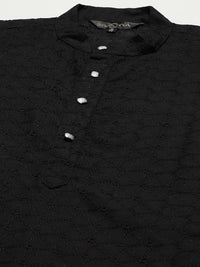 SOJANYA Lelaki Black Chikankari Pure Cotton Kurta with Churidar & Nehru Jacket