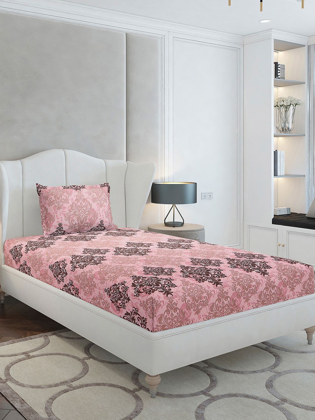 Monte Carlo Pink & Brown Floral Printed 104 TC Single Bedsheet Set 2.24 m x 1.52 m