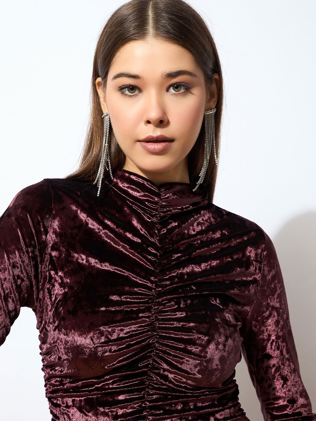 SASSAFRAS Brown High Neck Gathered Detail Velvet Bodycon Dress