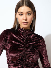 SASSAFRAS Brown High Neck Gathered Detail Velvet Bodycon Dress