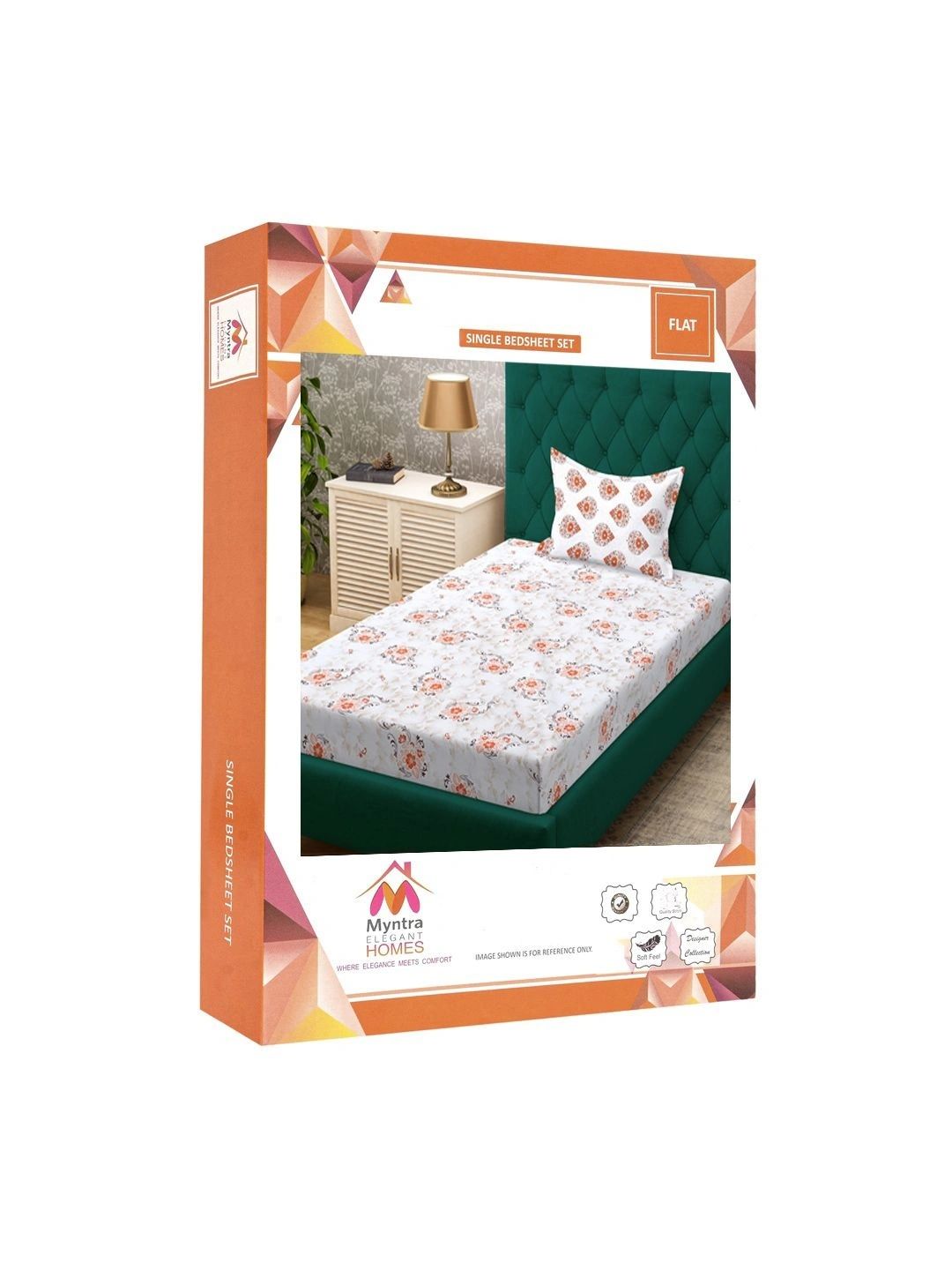 Myntra Elegant Homes Orange & White Floral 400 TC Single Bedsheet with 1 Pillow Covers
