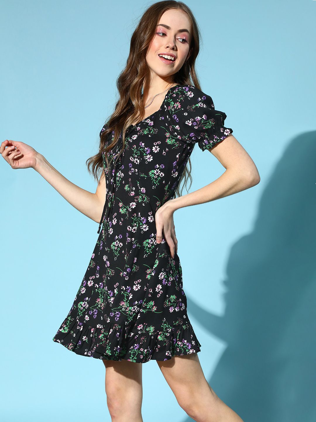 Berrylush Women Stylish Black Floral Tiered Dress