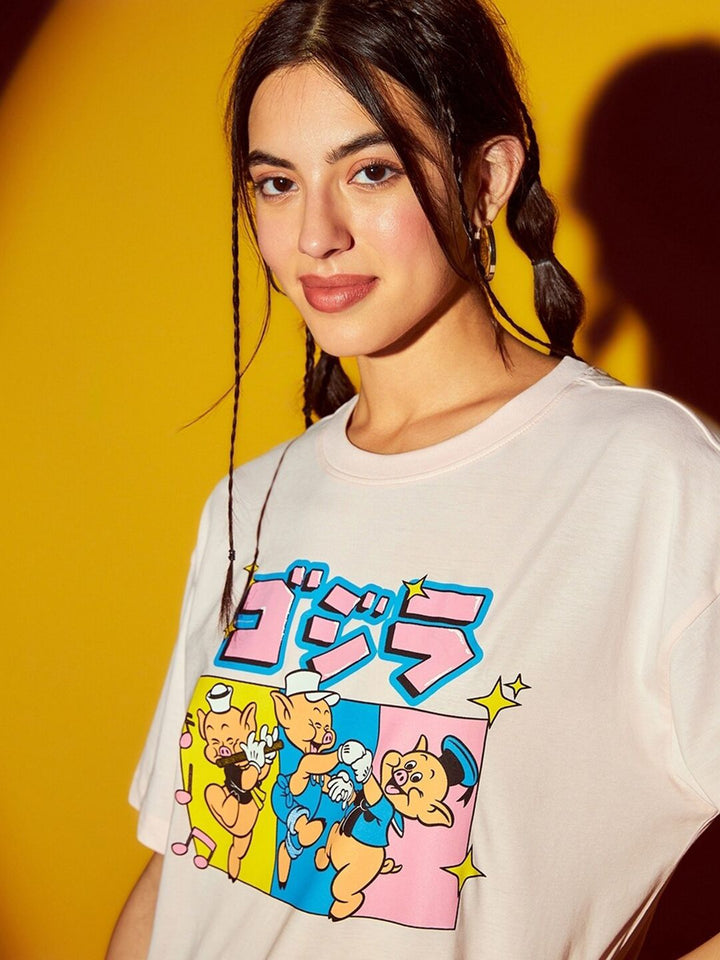 Bewakoof Pink Big Bad Wolf Graphic Printed Oversized Drop Shoulder Pure Cotton T-shirt