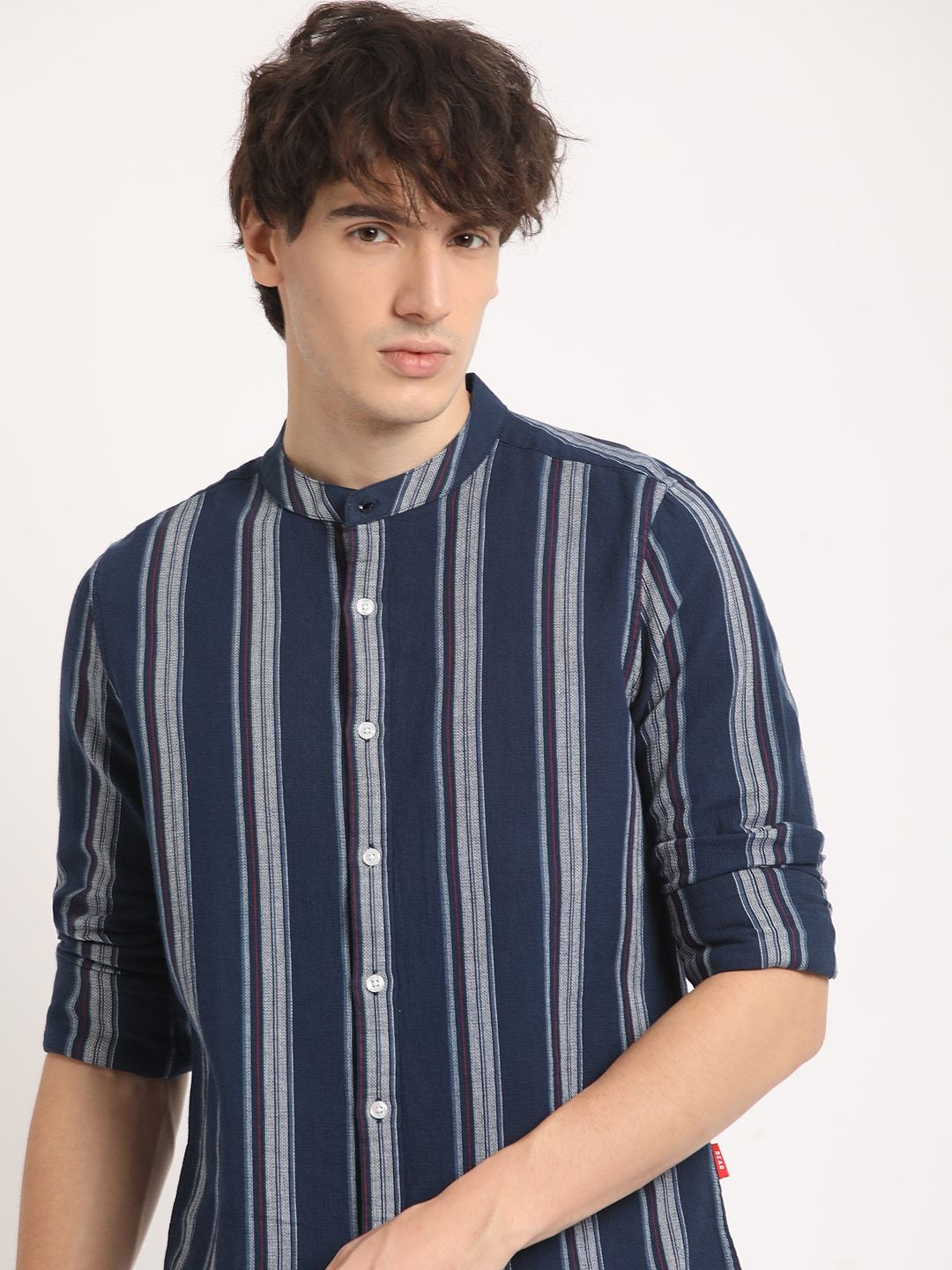 THE BEAR HOUSE Men Striped Slim Fit Mandarin Collar Casual Shirt