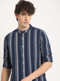 THE BEAR HOUSE Men Striped Slim Fit Mandarin Collar Casual Shirt