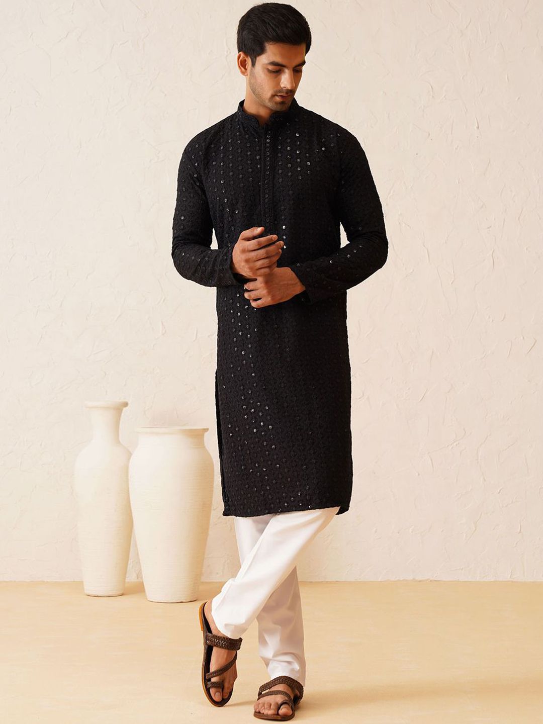 SOJANYA Ethnic Motifs Embroidered Regular Sequinned Pure Cotton Kurta with Churidar