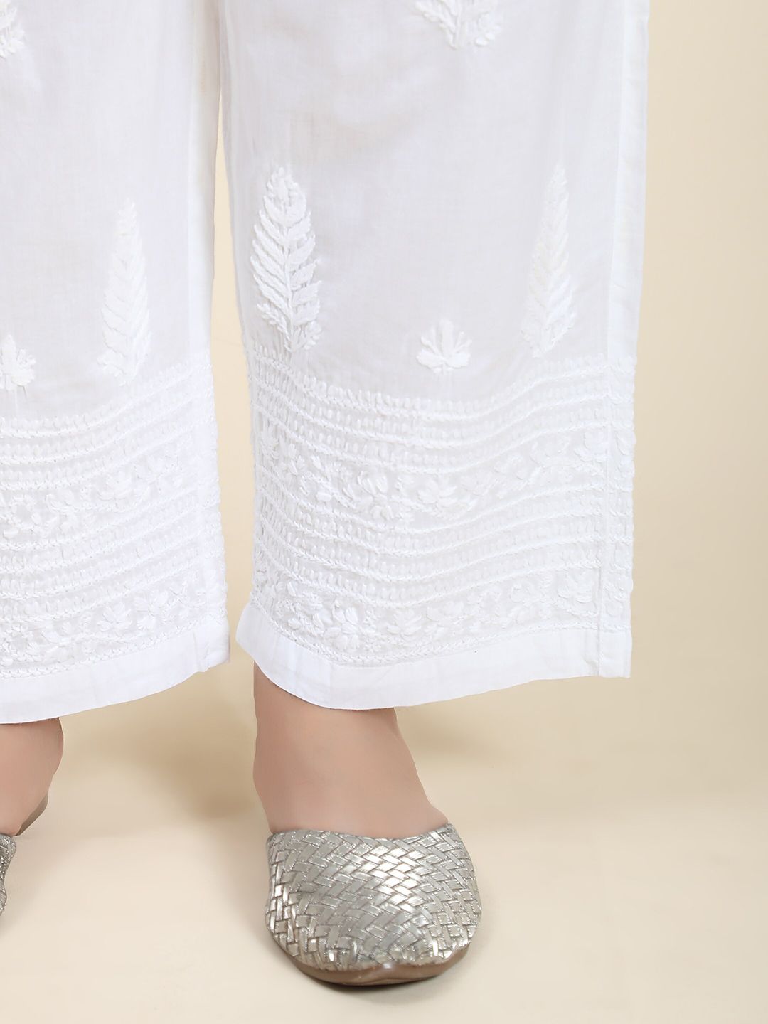 HOUSE OF KARI Women Ethnic Motifs Embroidered Chikankari Cotton Regular Trousers