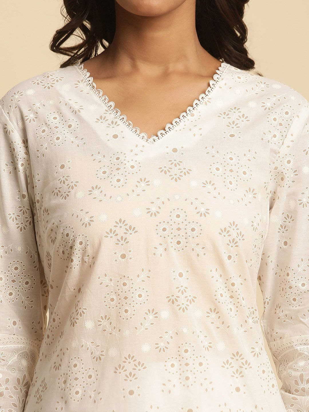 W Floral Printed V-Neck Cotton Kurta