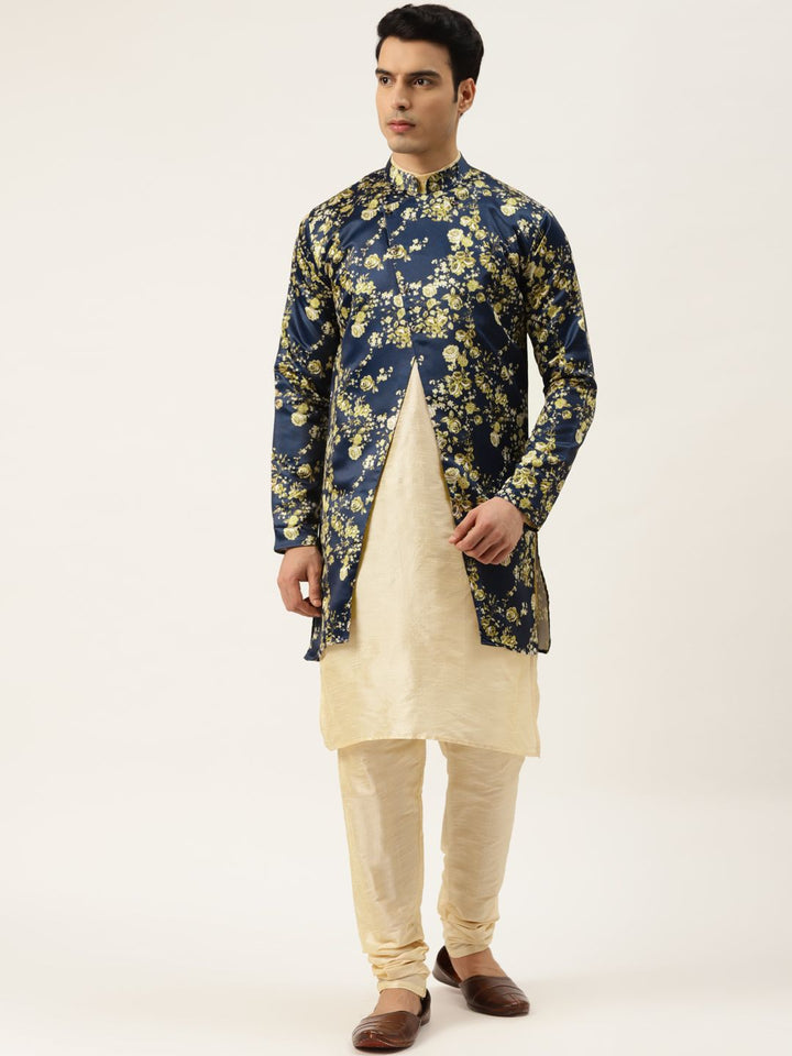 SOJANYA Men Cream-Coloured & Navy Blue Solid Kurta with Churidar & Jacket