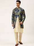 SOJANYA Men Cream-Coloured & Navy Blue Solid Kurta with Churidar & Jacket