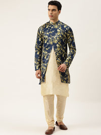 SOJANYA Men Cream-Coloured & Navy Blue Solid Kurta with Churidar & Jacket