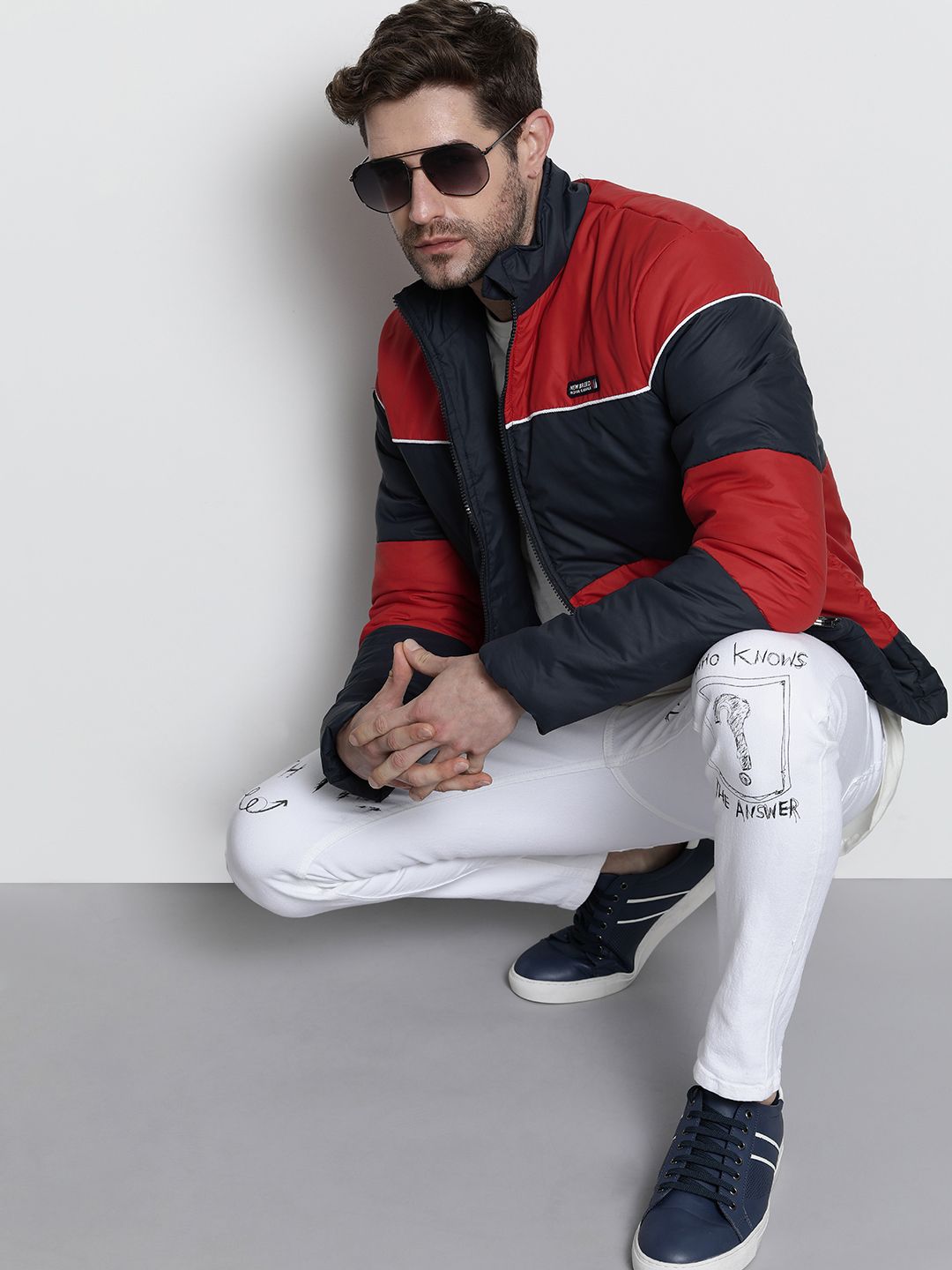 The Indian Garage Co Men Navy Blue & Red Colourblocked Jacket