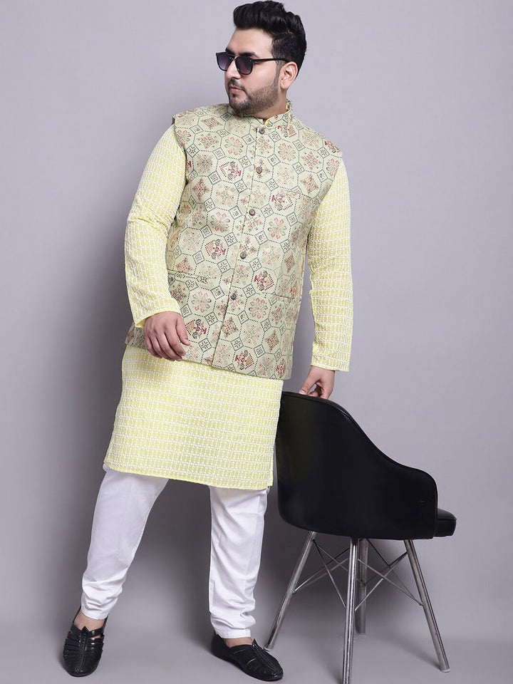 SOJANYA PLUS Plus Size Pure Cotton Straight Kurta With Pyjamas & Printed Nehru Jacket