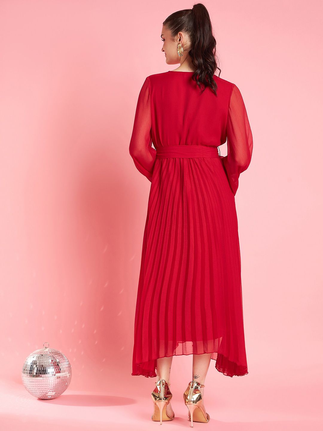 Antheaa Red V-Neck Bishop Sleeves Maxi Opaque Party Dress