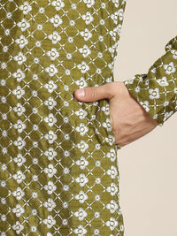 SOJANYA Men Olive Green & White Ethnic Motifs Embroidered Kurta