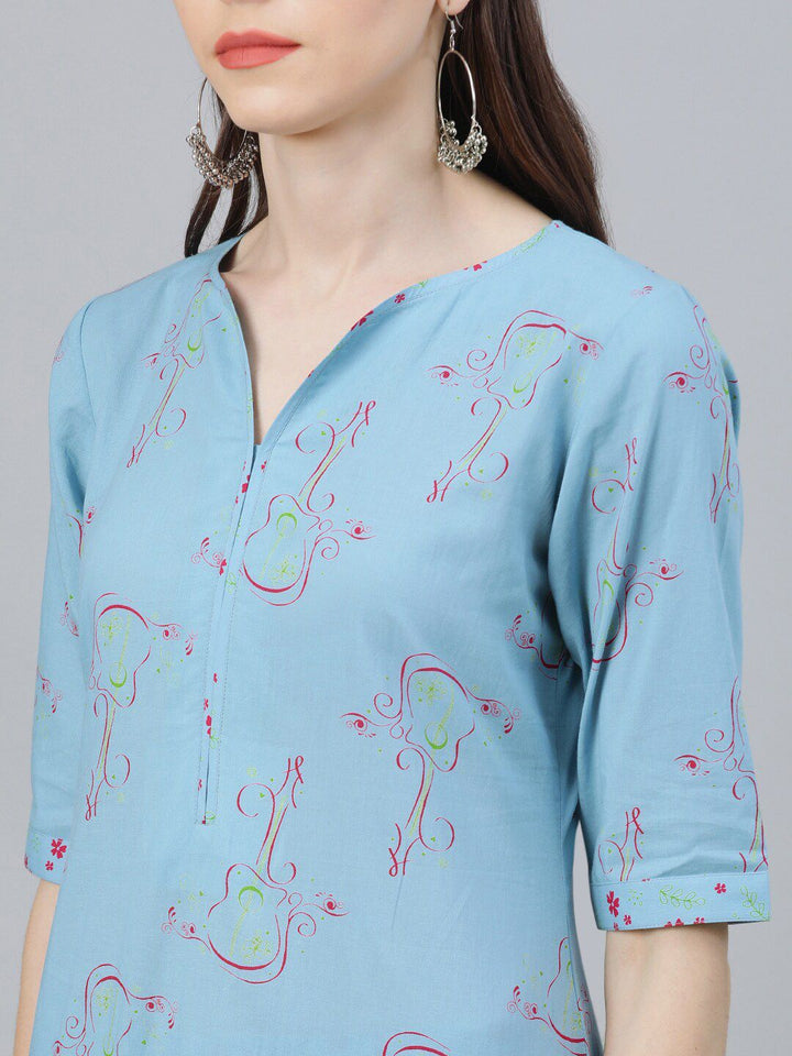 Libas Women Blue Printed Kurta with Palazzos & With Dupatta