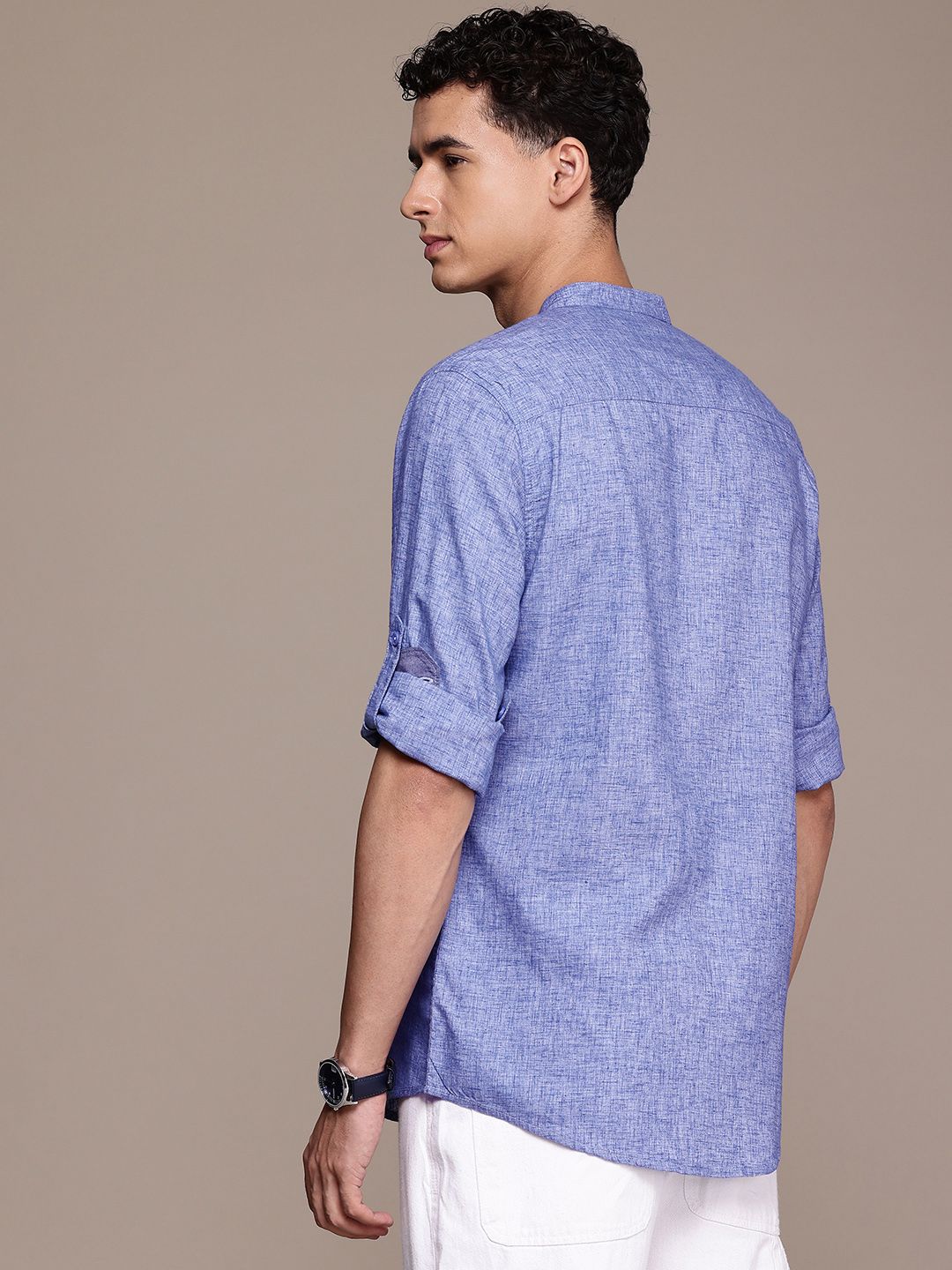 French Connection Slim Fit Band Collar Roll-Up Sleeves Casual Shirt