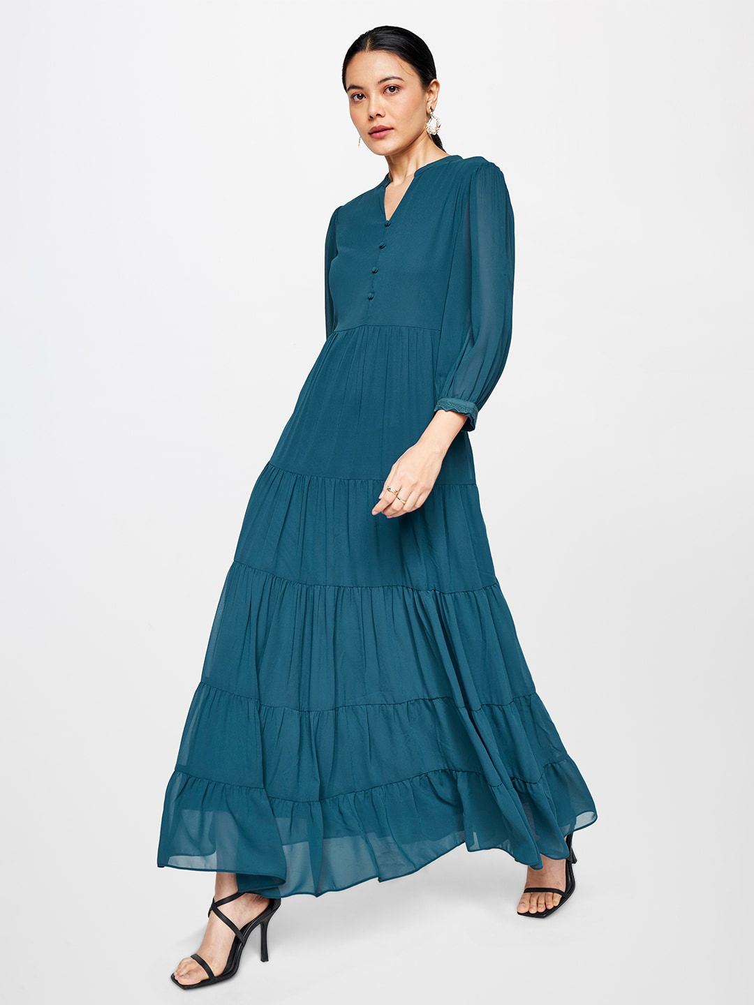 AND Mandarin Collar Puff Sleeves Maxi Fit and Flare Dress