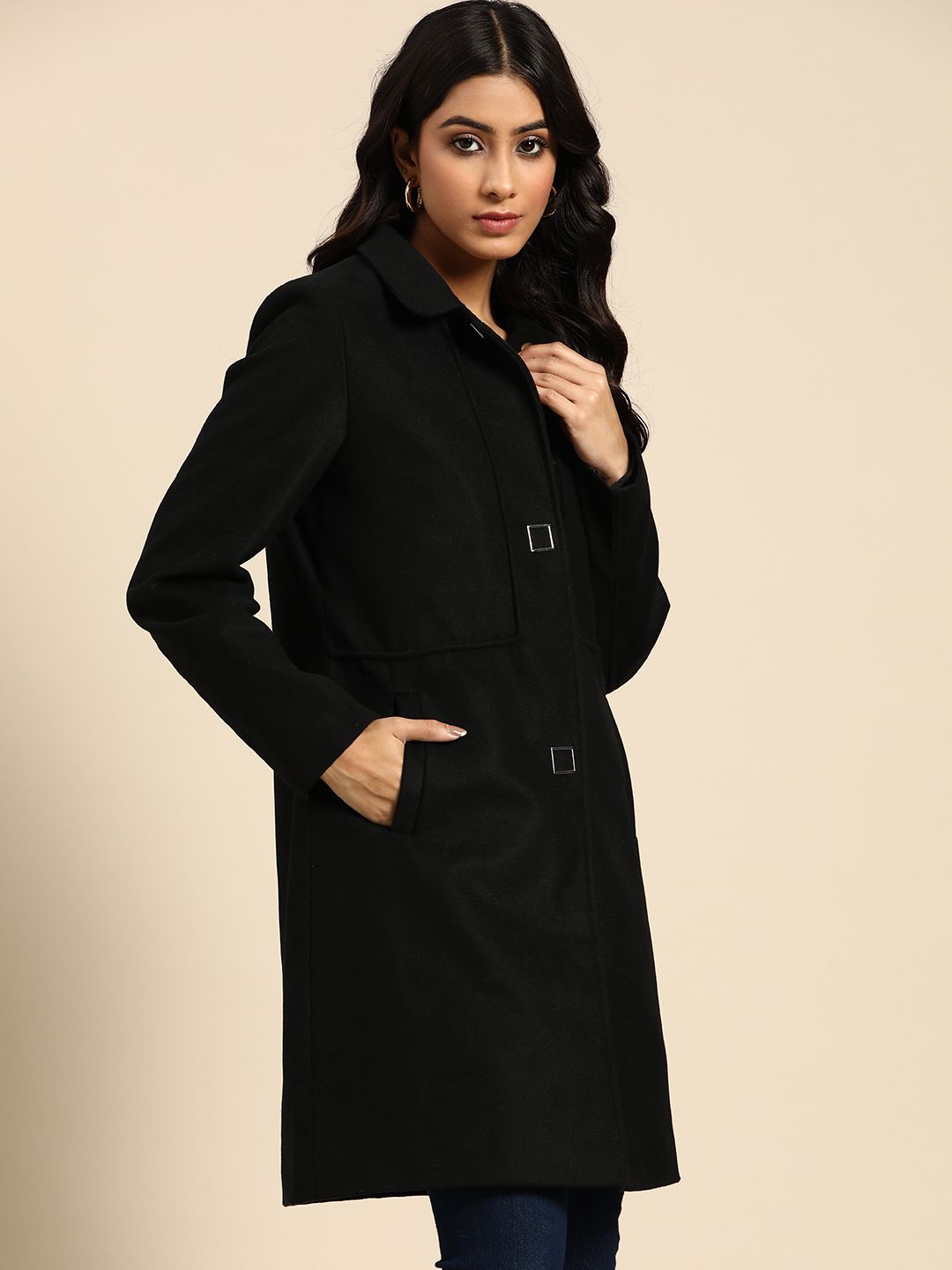 all about you Women Black Solid Longline Overcoat