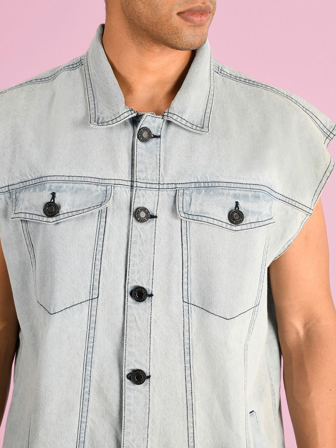 Bene Kleed Men Solid Spread Collar Washed Pure Cotton Denim Jacket
