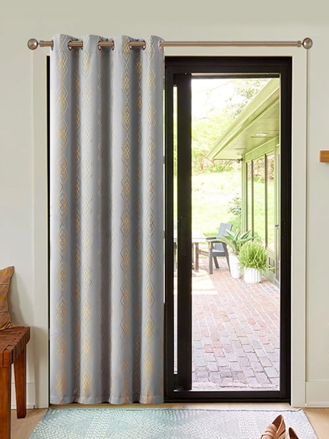 URBAN SPACE Grey & Gold-Toned Geometric Printed Black Out Long Door Curtain