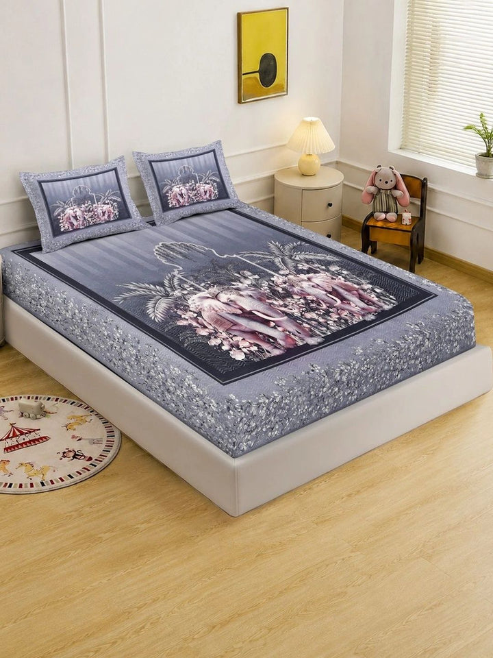 Myntra Elegant Homes Grey & Pink 400 TC King Bedsheet with 2 Pillow Covers