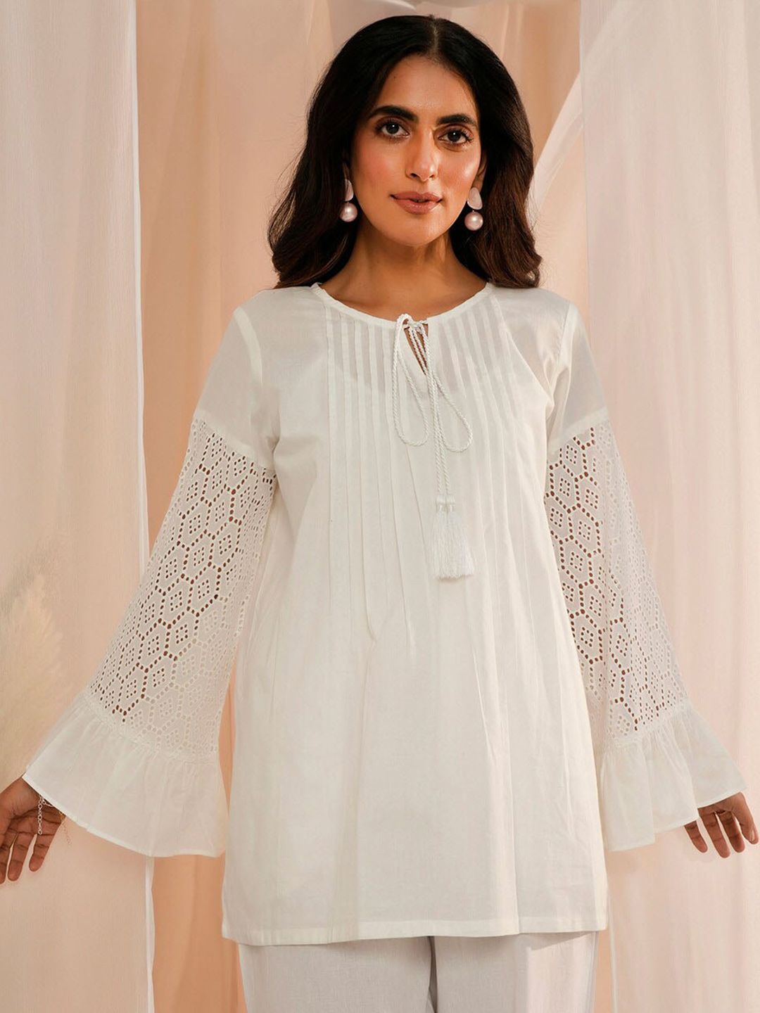 Libas Floral Schiffli Tie Up Neck Pure Cotton Tunic
