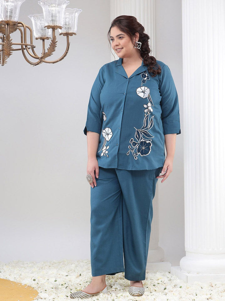 Bani Women Plus Size Floral Embroidered Shirt and Palazzos