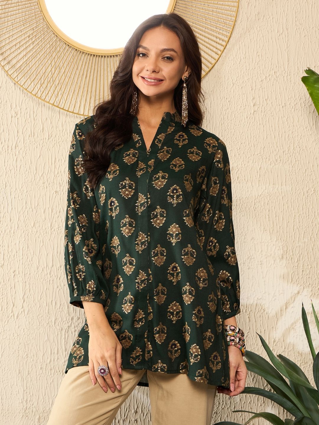KALINI Women Ethnic Printed Mandarin Collar Regular Top