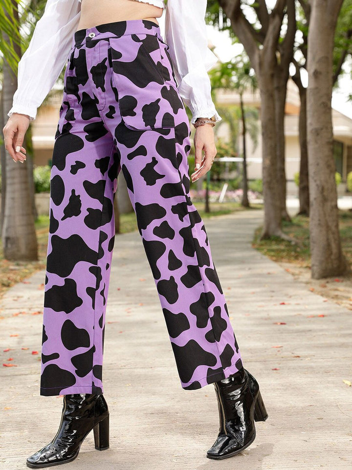 STREET 9 Women Lavender Printed Relaxed Straight Leg Straight Fit High-Rise Trousers