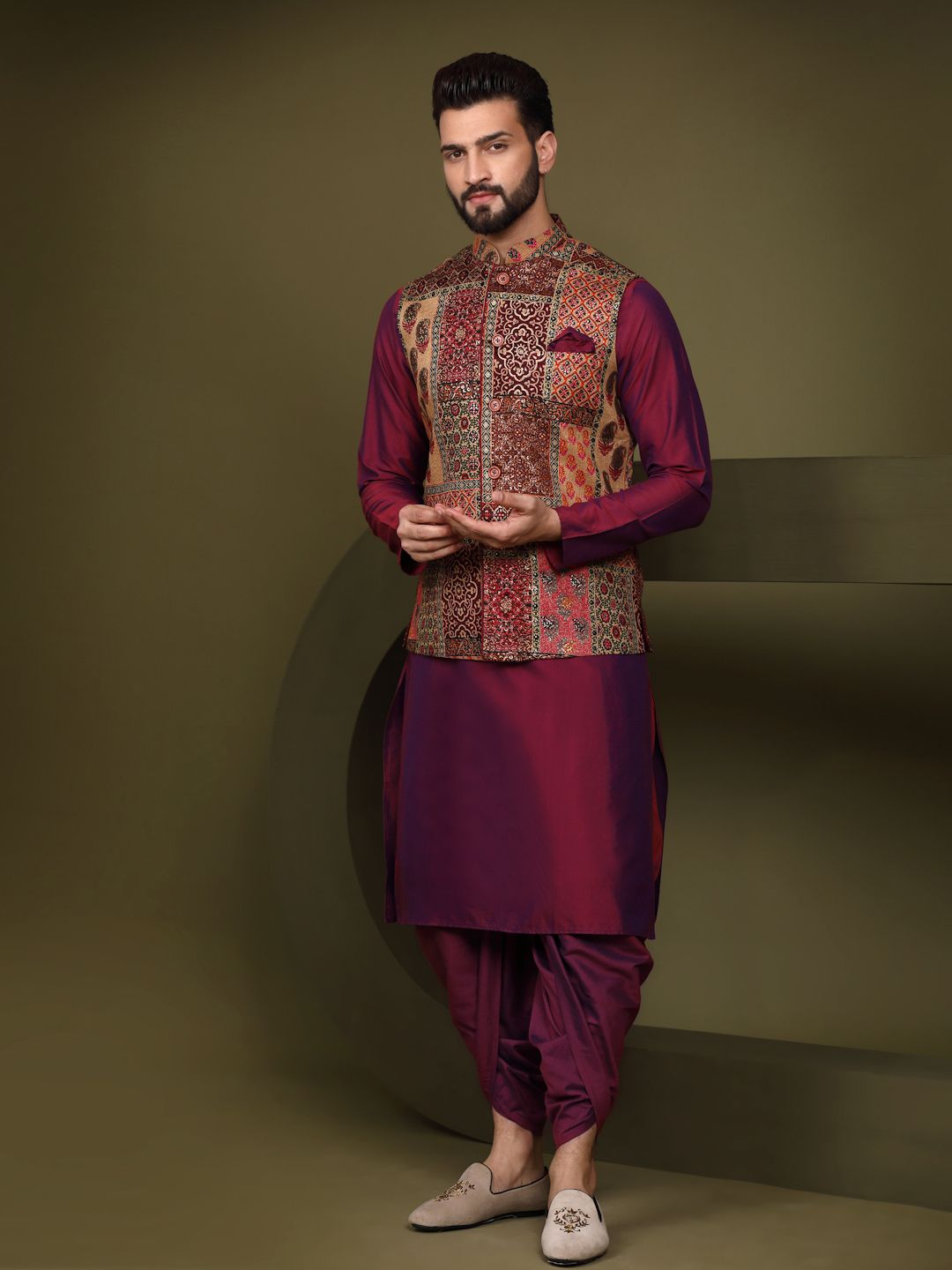 KISAH Men Abstract Printed Regular Fit Kurta Jacket Dhoti Set