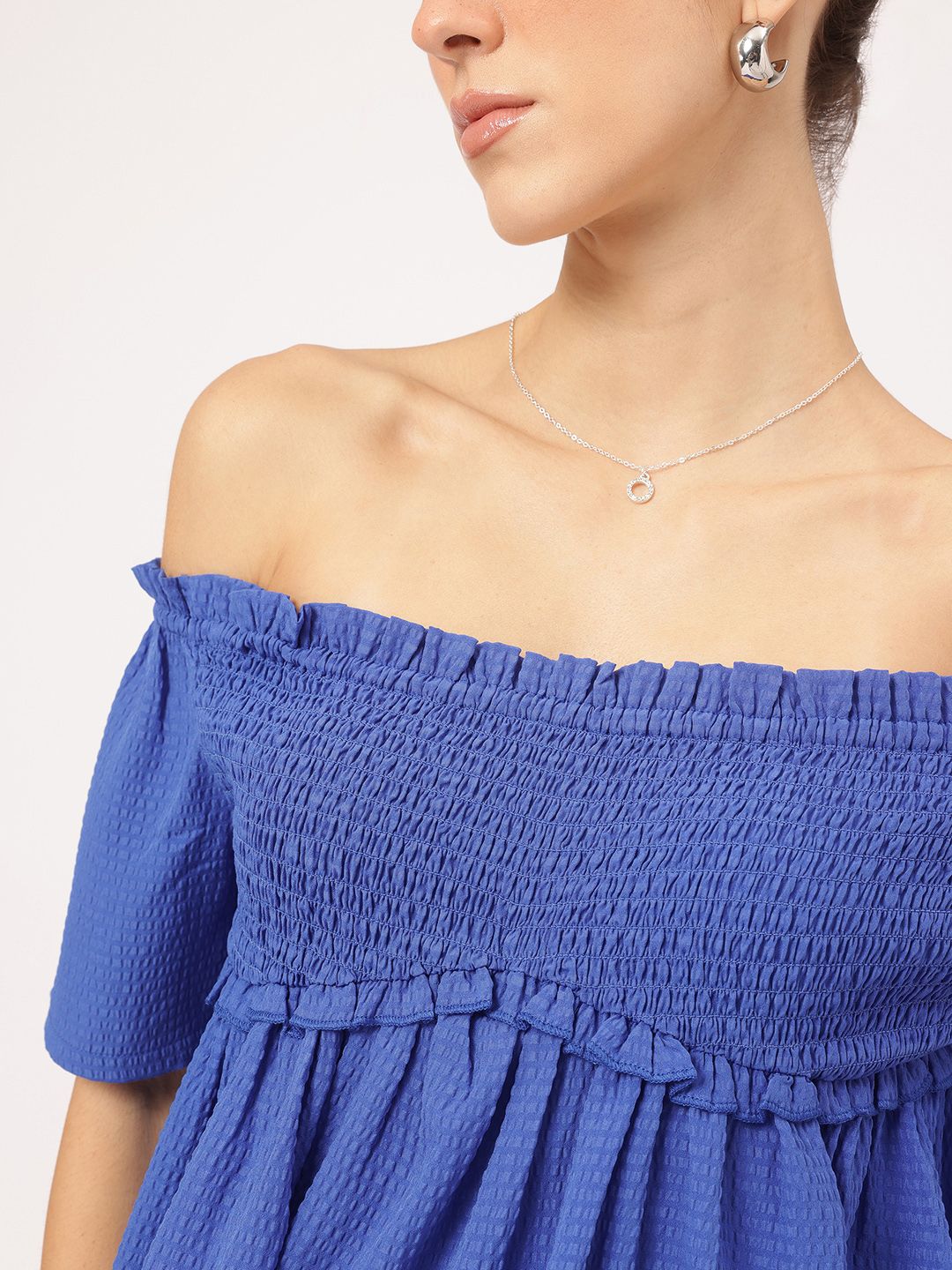 DressBerry Smocked Escape Ruffled Seersucker Bardot Top